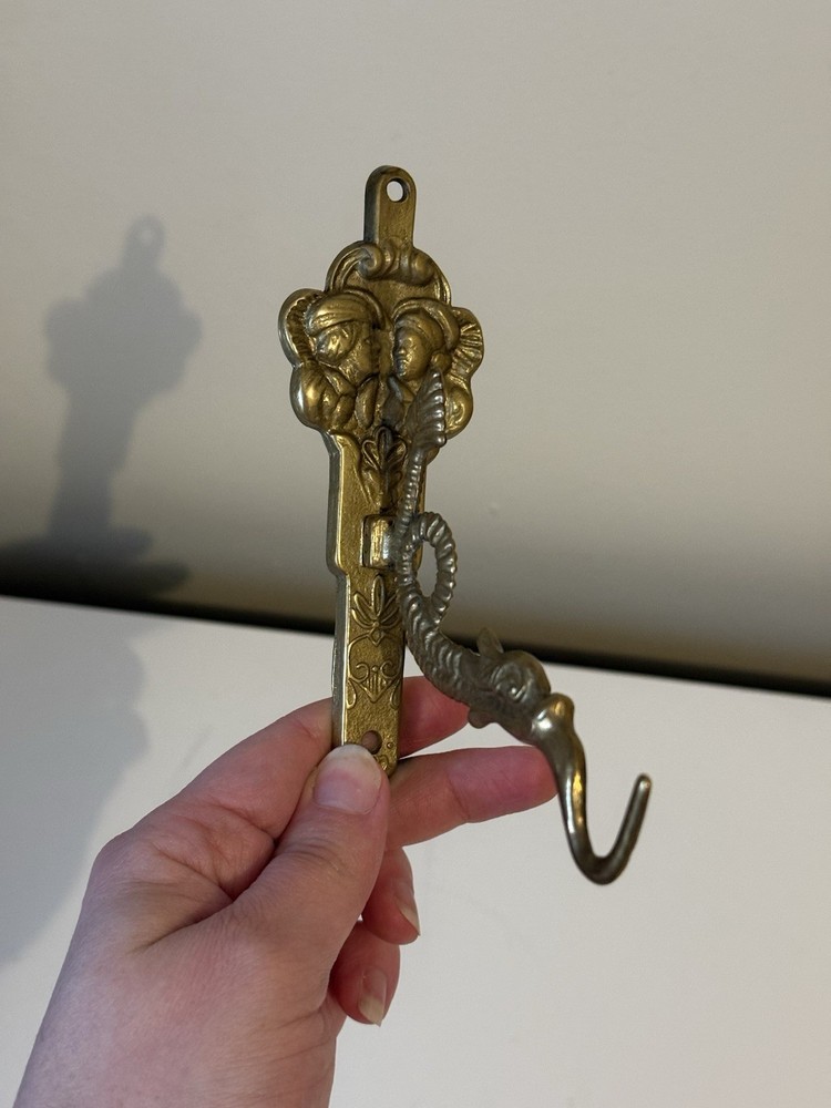Vintage Solid Brass Wall Hook Serpent-Style With Faces Ornate