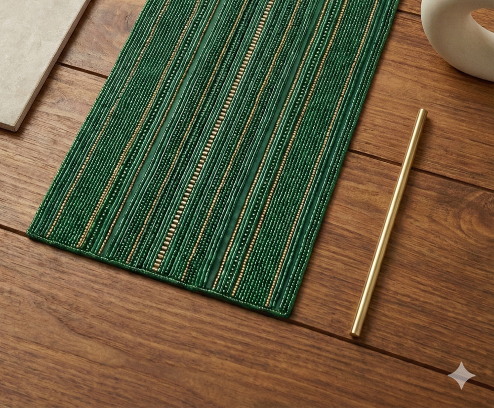 Emerald & Gold Beaded Luxury Table Runner - Elegant Art Deco Decor