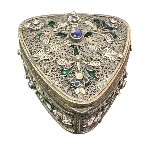 Antique Austrian Jeweled Silver Box Enameled Triangular with Great Work