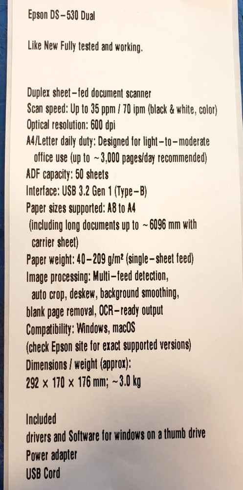 Epson DS-530 Color Duplex Document Scanner Model: J381A
