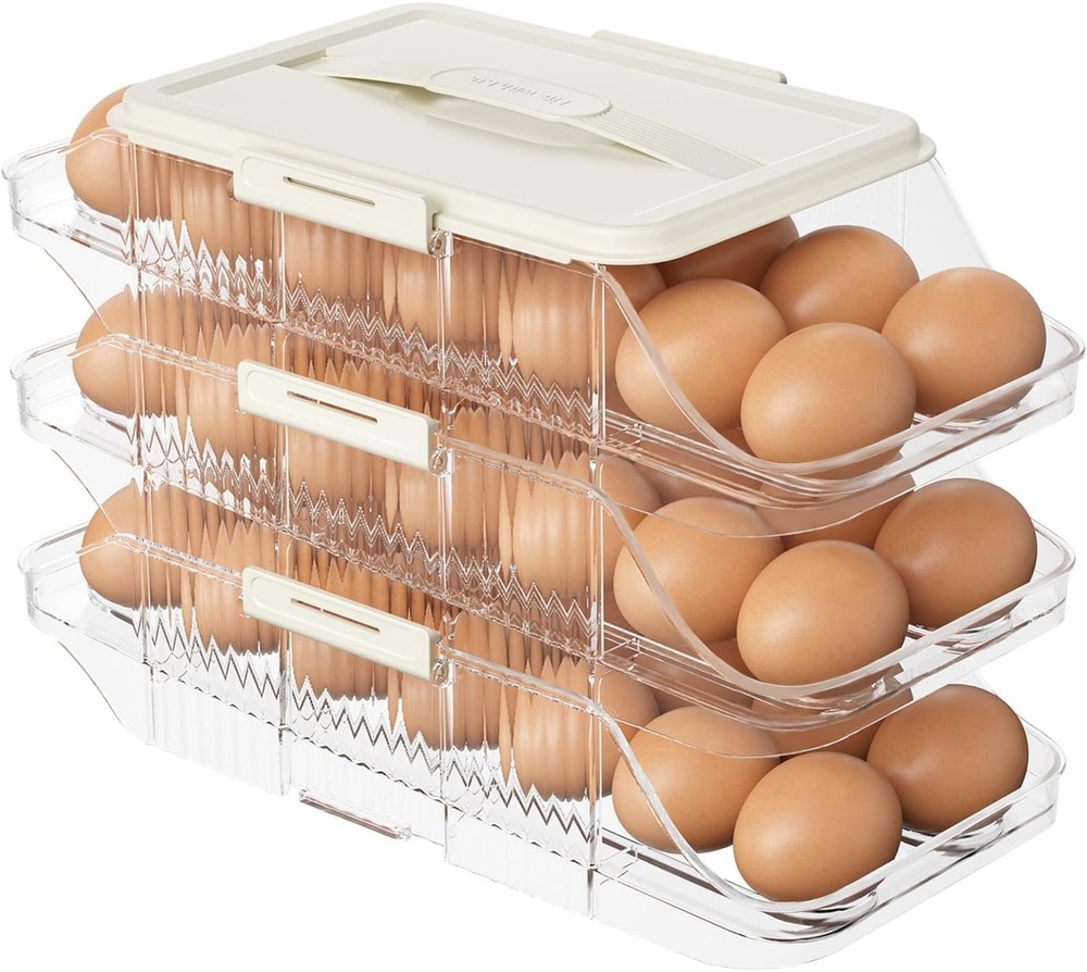 Automatic Rolling Egg Holder for Fridge, Clear 2 Row 3 layers (42 Eggs)