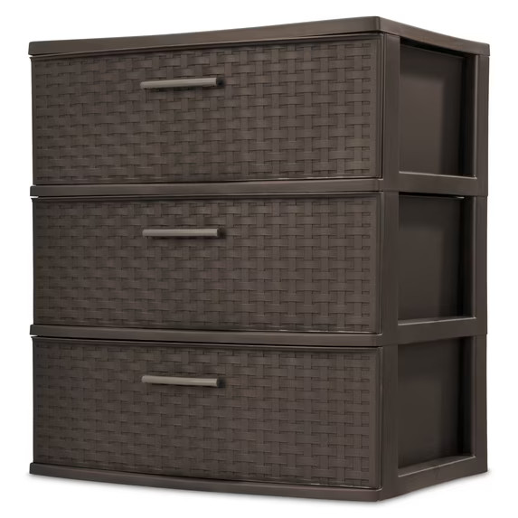 3 Drawer Wide Weave Plastic Tower Brown