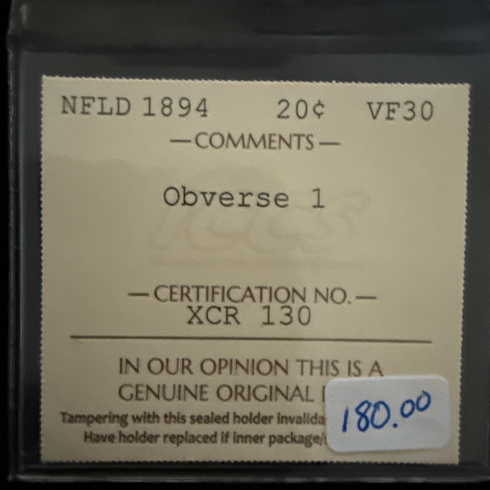 1894 Newfoundland Twenty Cent - ICCS VF30 - Obverse 1 C6