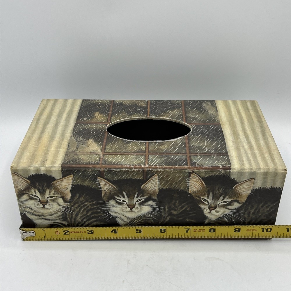 Primitive Tissue Box Bob’s Boxes All Creatures Cats Kittens Rainy Window VTG