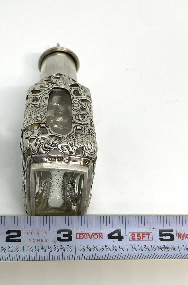 Antique Asian Signed Silver Overlay Dragon Pattern Bitters Bottle 5” 143g