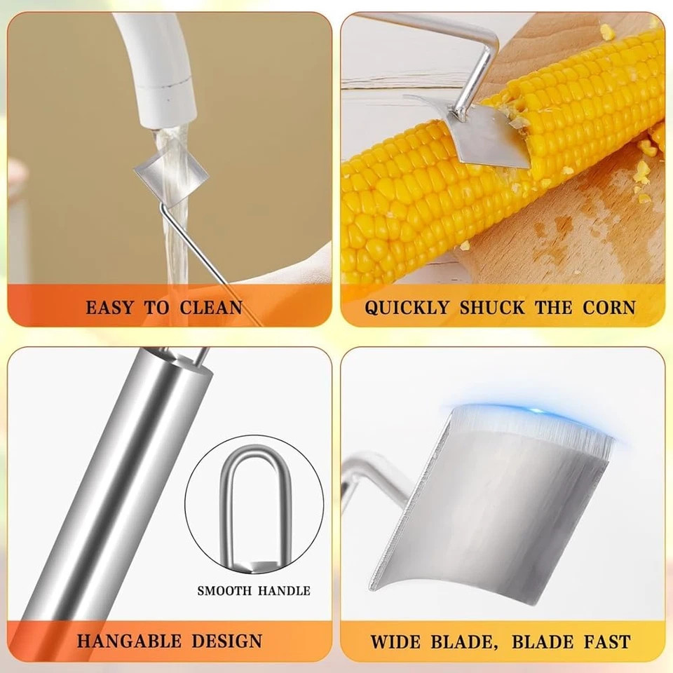 2PC Corn Peeler Stainless Steel Corn Cob Stripping Tool w/ Hook Long Handle Corn