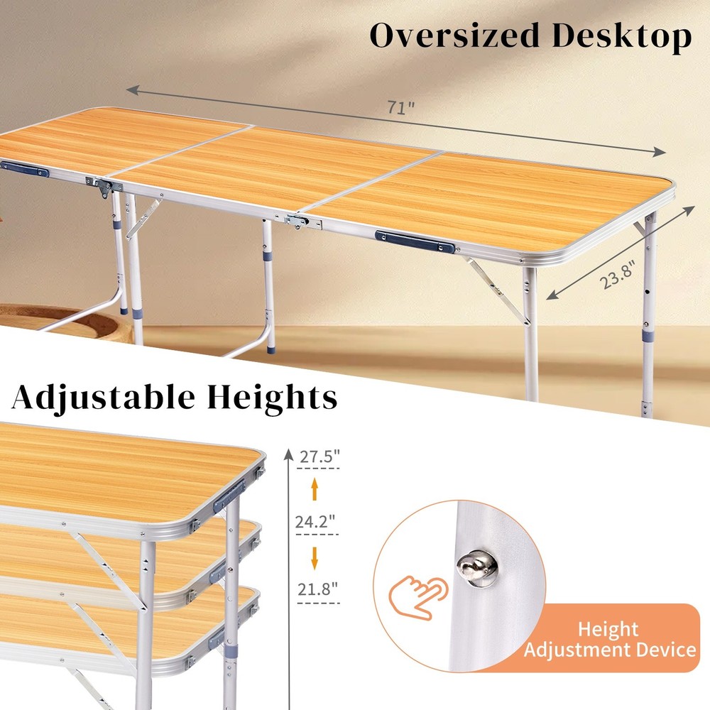 Folding Camping Table 6ft - Adjustable Height, Aluminum & Wood Grain Patio Table