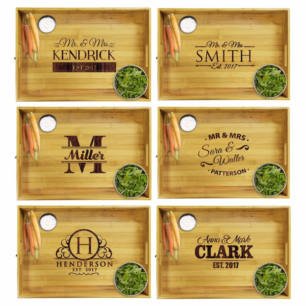 Premium Custom Engraved Wood Bamboo Serving Tray - Personalized Wedding Gift