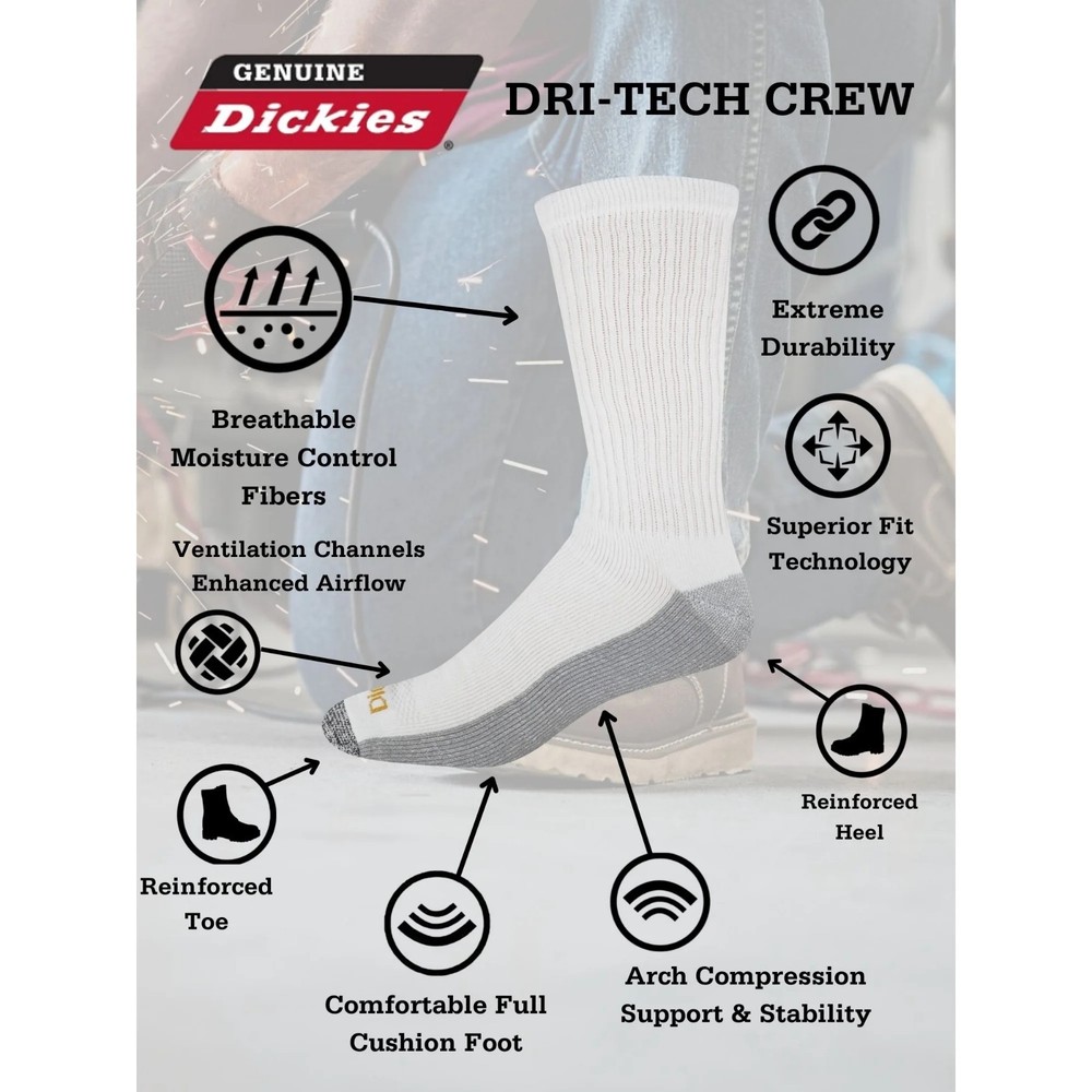 Dickies Men's Dri-tech Moisture Control Crew Socks 6 pack Shoe Size