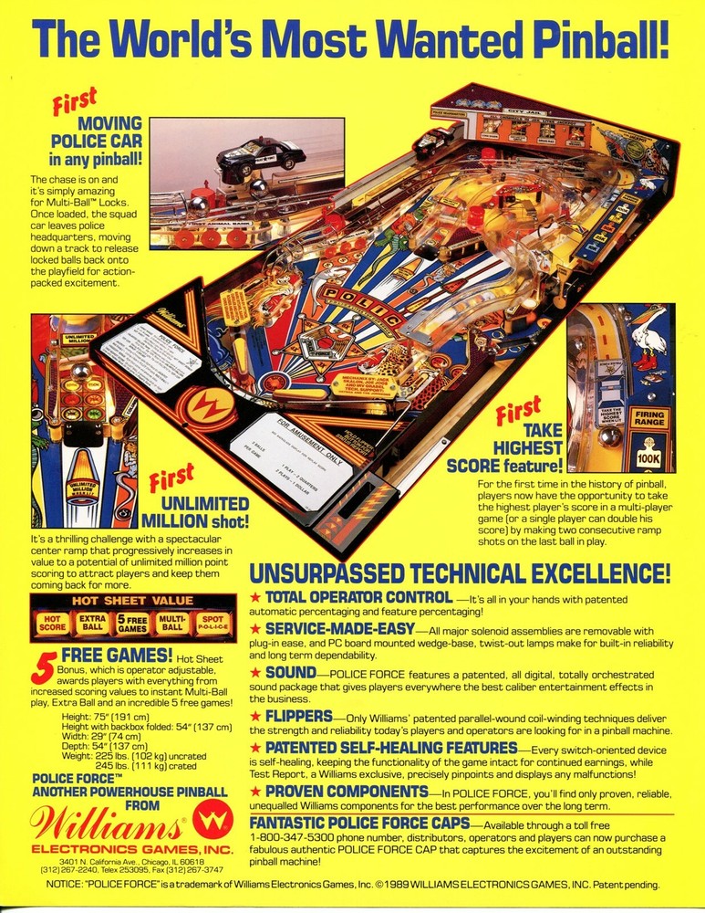 Police Force Williams Pinball Flyer /Brochure/ Ad - Mint