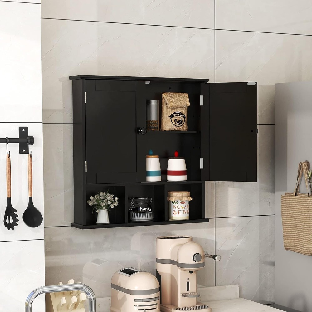 Space-Saving Black Wall Cabinet with 2 Doors and Adjustable Storage Shelves