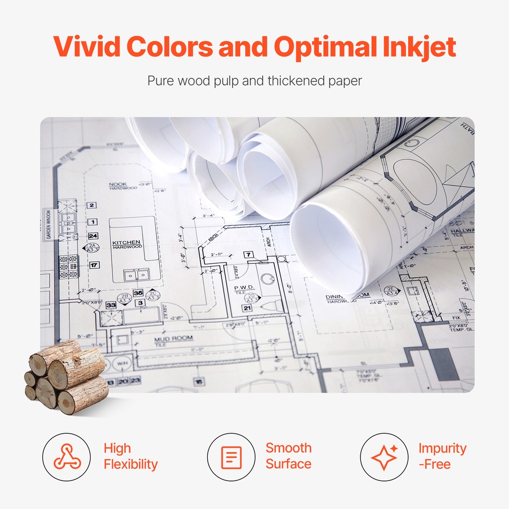 Wide Format Plotter Paper 24" x 150' 20LB Inkjet Bond Rolls 2" Core 1-4 Rolls