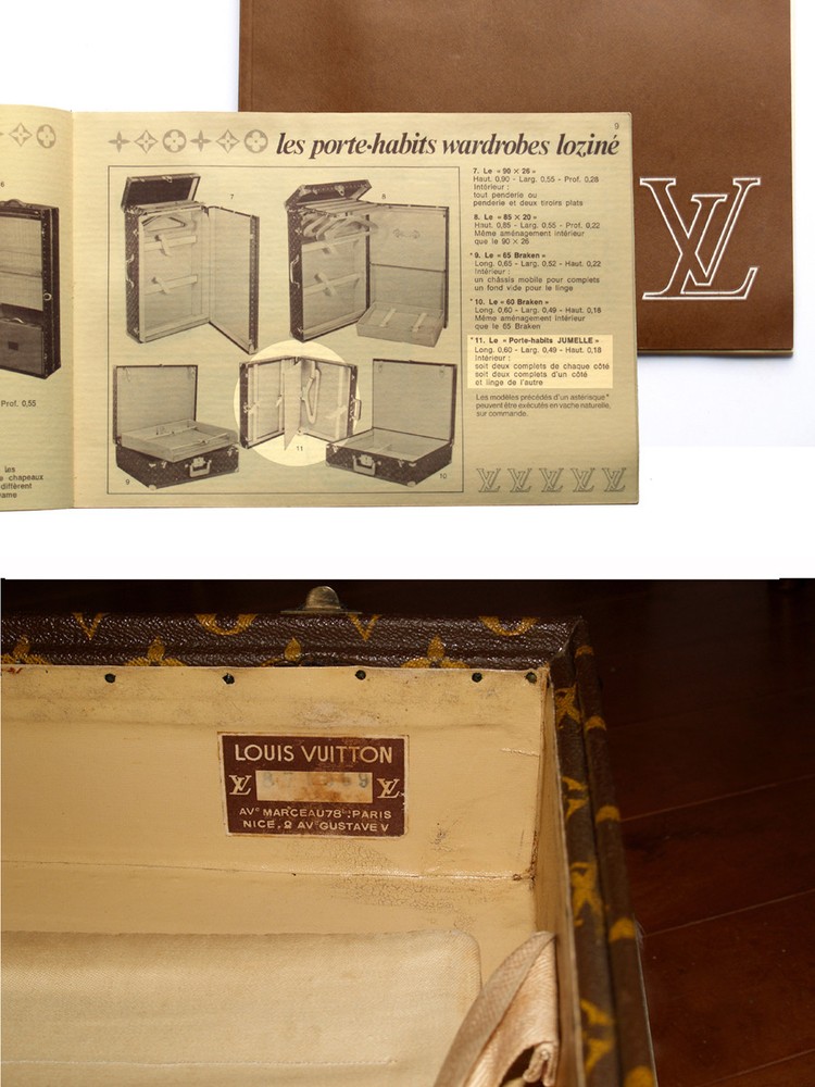 Louis Vuitton monogram suitcase trunk open by center, square handle.
