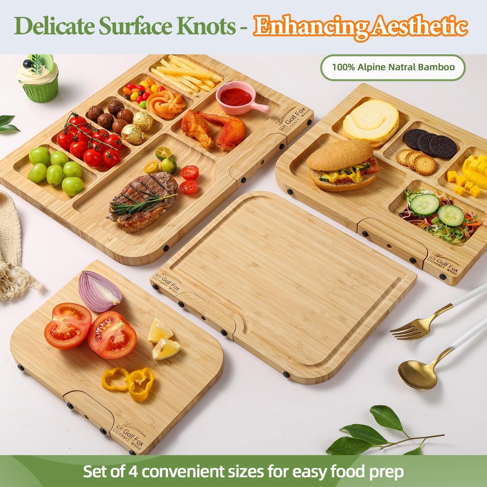 4-PCS Bamboo Cutting Board Set with Innovative Stand - Durable Double Sided W...
