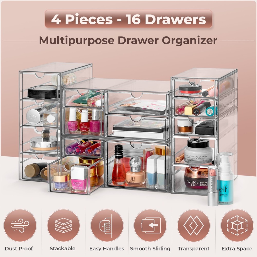 4-Piece Acrylic Makeup Organizer, 16 Drawer Stackable Storage Bins, Clear