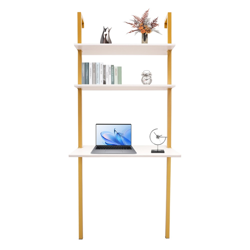 Wall Mount Writing Table 3-tier Computer Desk Storage Home Office w/ Power Strip