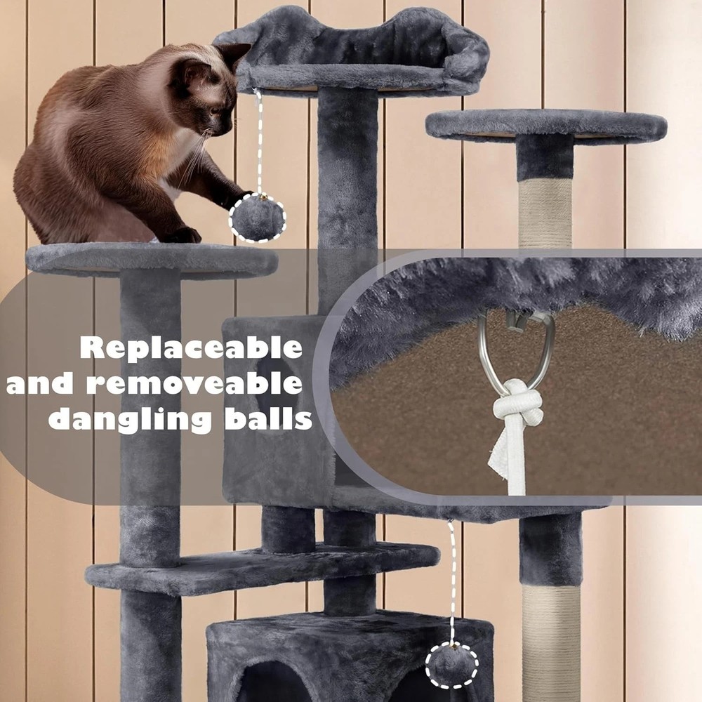 Durable 54in Cat Tree with Replaceable Balls and Spacious Hideaways for Felines