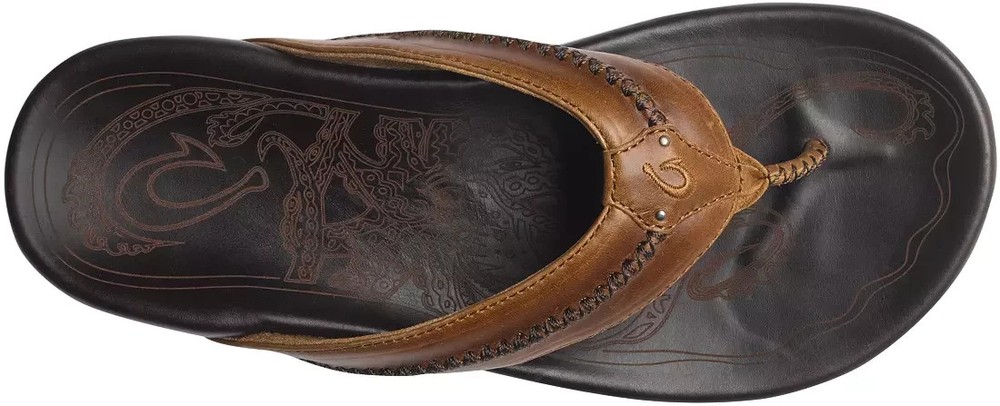OluKai Men's Mea Ola Flip Flop, Tan/Dark Java