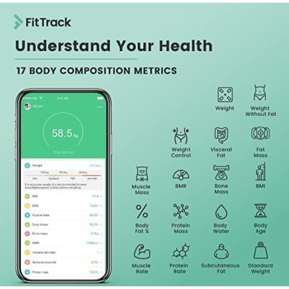 FitTrack Dara Smart BMI Digital Scale, Weight + Body Fat, Accurate, Bluetooth
