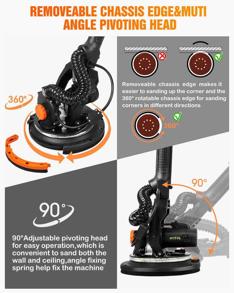 Electric Drywall Sander with Vacuum, LED Light, Variable Speed & Foldable Handle