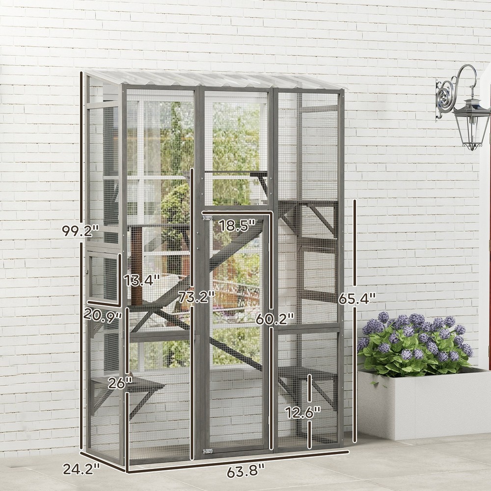 Outdoor Catio Cat Enclosure w/ Platforms, Scratching Post, Gray