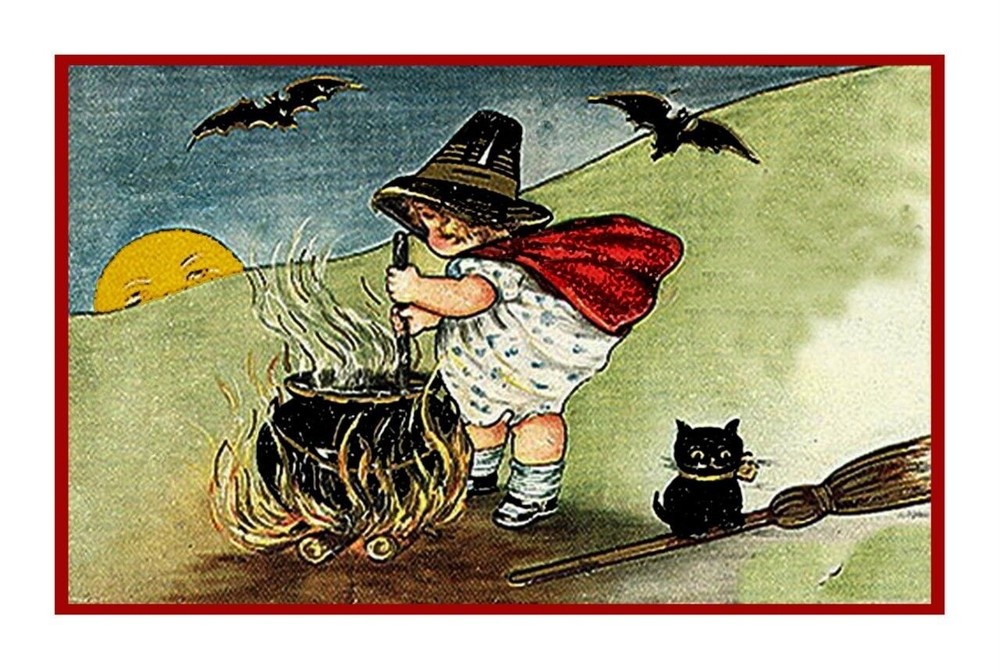 Victorian Halloween #6 Witch Cat Bats Counted Cross Stitch Pattern