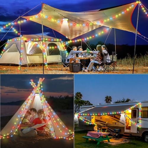2Pack Camping String Lights, 4 in 1 Quick Storage 32.8FT 2PACK Warm & RGB
