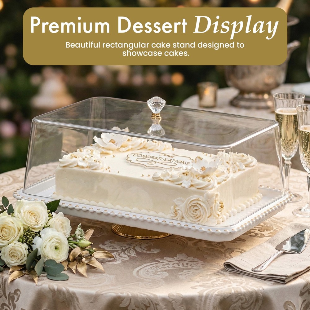 New Basicwise Plastic Cake Stand with Clear Flat-Top Cover and Gold Handles