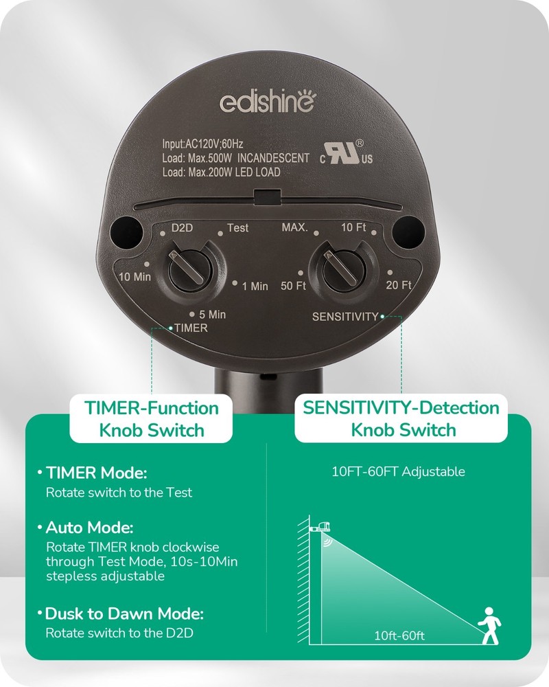 EDISHINE 2-Pack Motion Sensor 180° 60FT Range Adjustable Time 3 Modes Brown