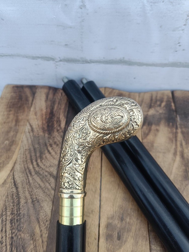 Solid Brass Derby Handle Antique Vintage Wooden Black Walking Stick