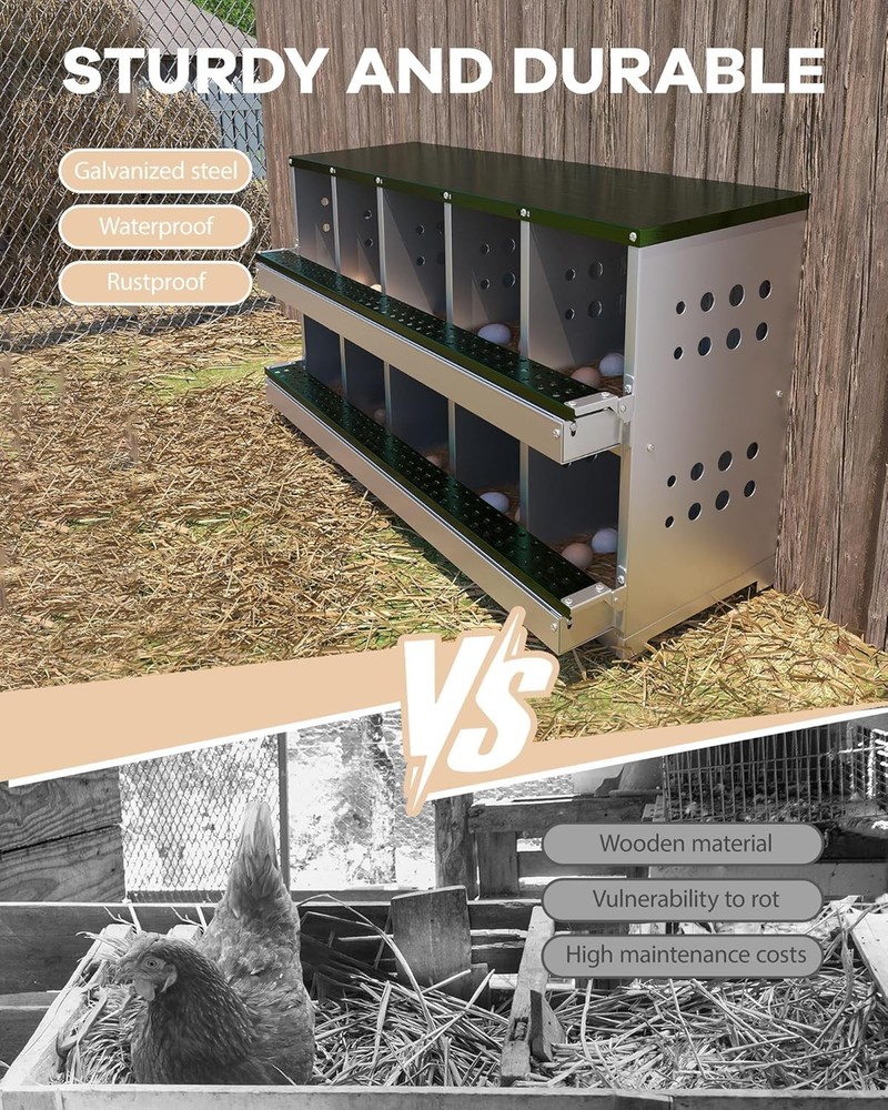 10 Compartments Chicken Nesting Box Coop Egg Laying Box Roll Away Egg Collection