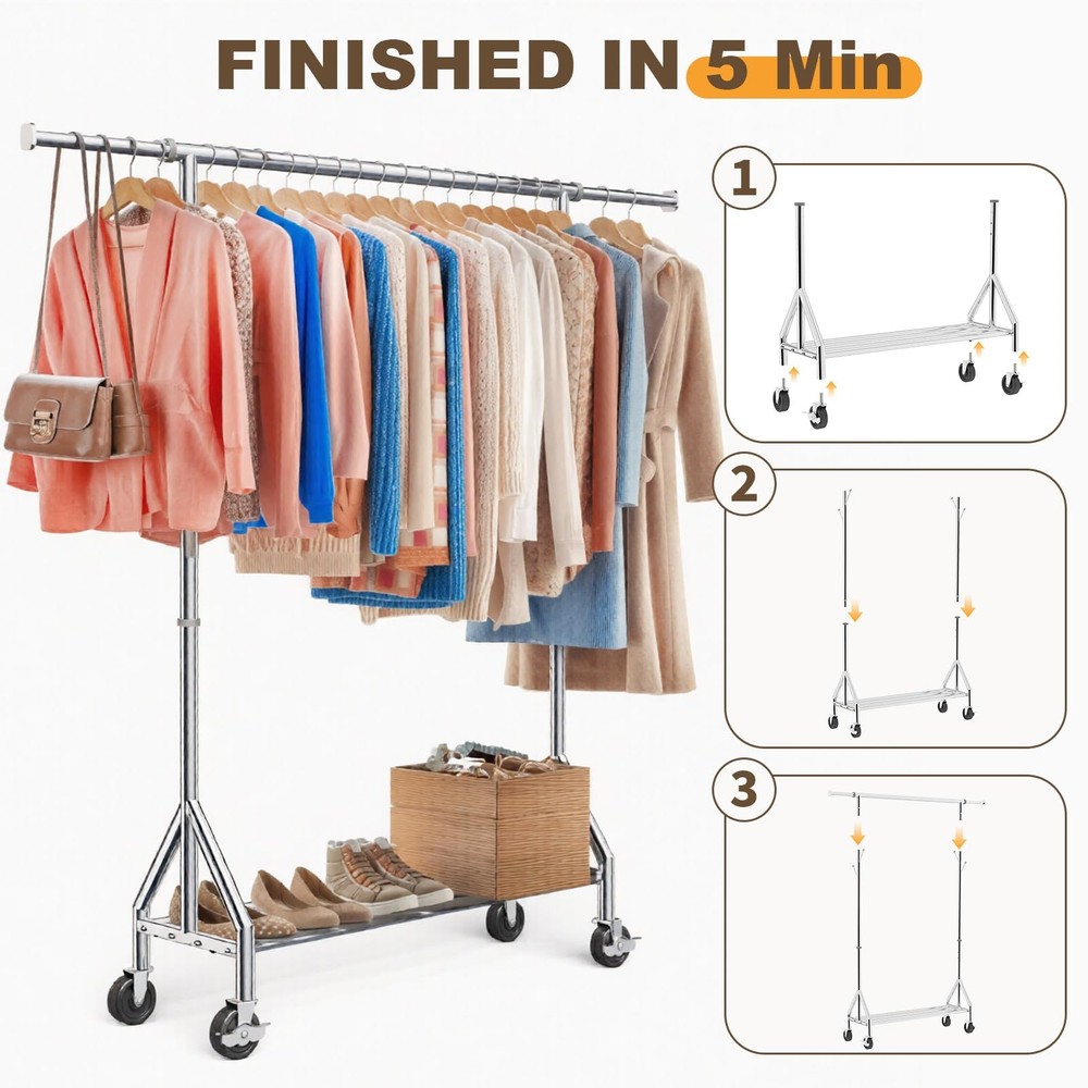 Heavy Duty Clothes Rack for Hanging Clothes, Rolling Garment Rack, Adjustable...