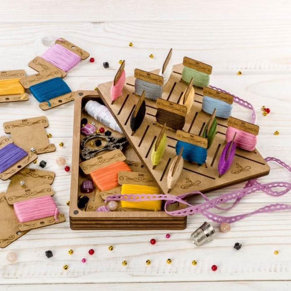 Plywood Needlework Box + 38 spools Needlework Organizer Thread/Floss organizer