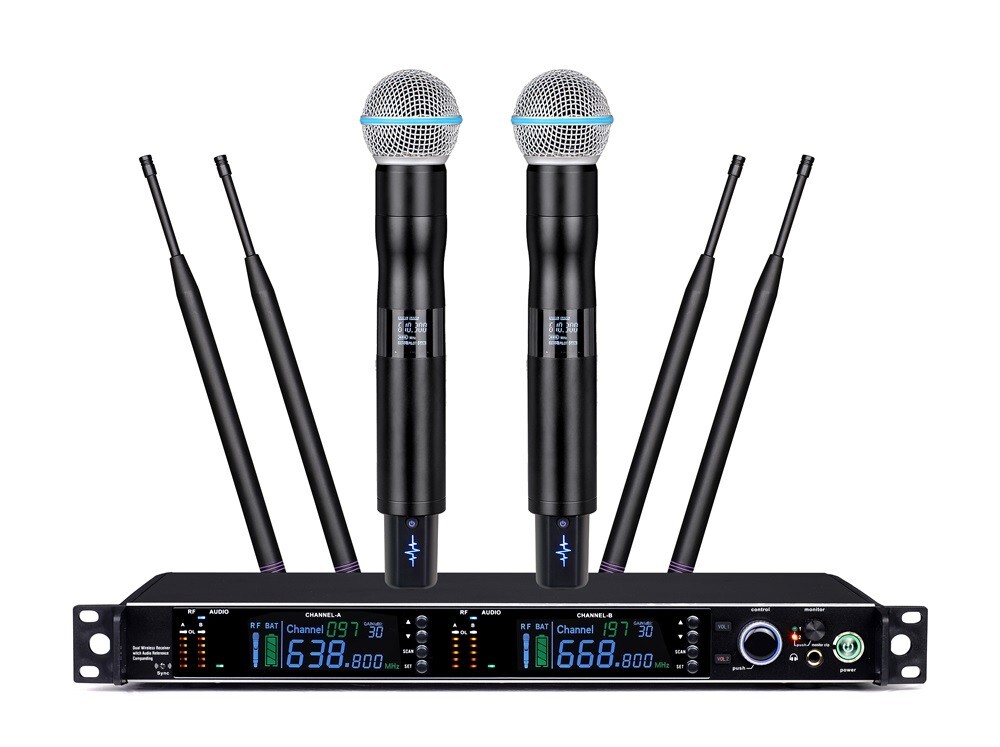 Wireless mic System True Diversity UHF Dual Handheld Dynamic Microphone Church