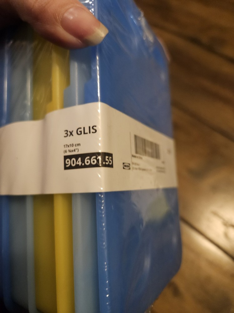 Three IKEA Plastic Storage Containers - Blue Yellow White - Hinged Lids - New