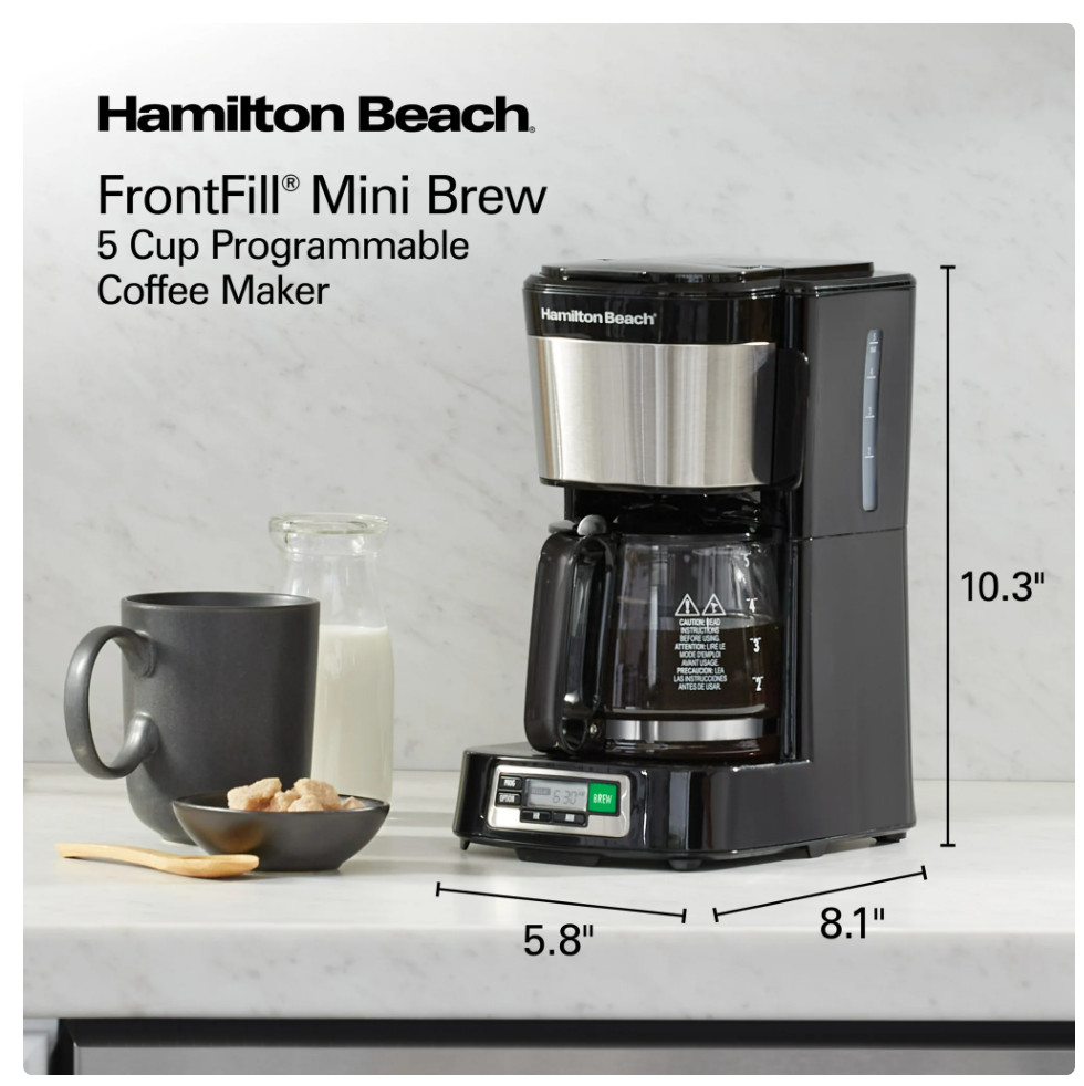 Hamilton Beach Front Fill 5-Cup Programmable Mini Drip Coffee Maker Black 46113
