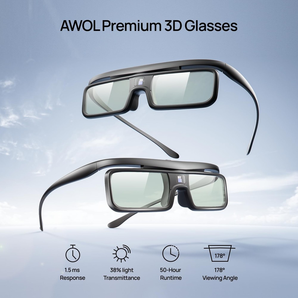 AWOL VISION DLP Link 3D Glasses, Rechargeable Active Shutter 1 Pack, Black