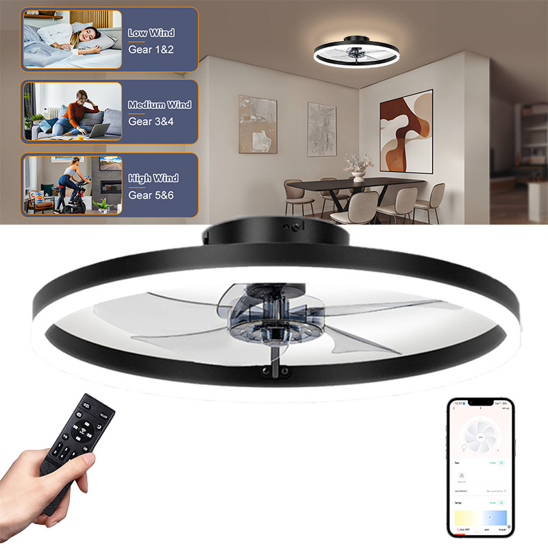 20" Modern Fan Lights Flush Mount LED Ceiling Light kit With  APP Remote Control