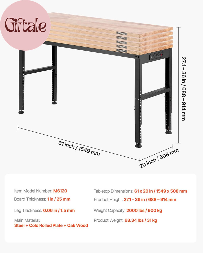 Adjustable Workbench, 2000 Lbs Capacity, 61 X 20-Inch Heavy Duty Work Bench with