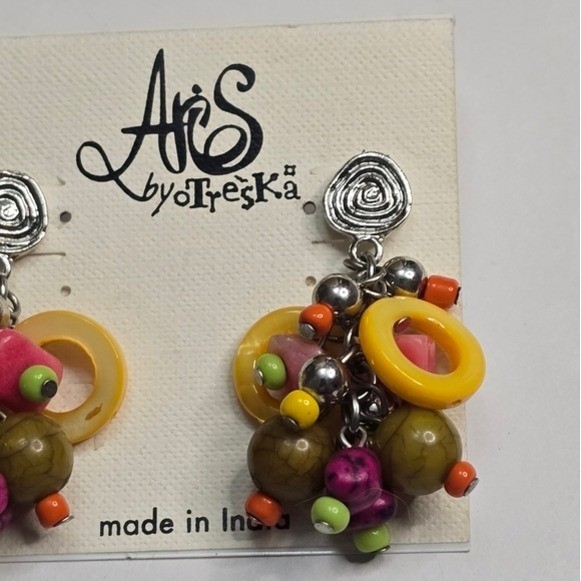 Aris by Treska Multicolor Beaded Cluster Dangle Earrings Boho Statement India