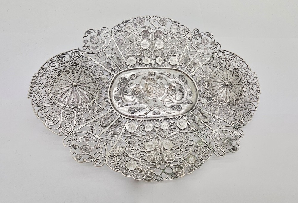 ANTIQUE CHINESE EXPORT SPUN STERLING SILVER CANDY DISH & CANDLESTICKS SET