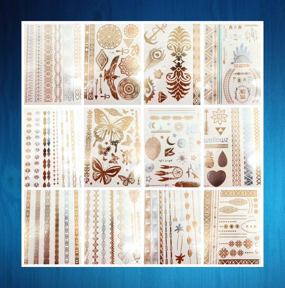 20 large sheets rose feather boho retro mixed designs flash tattoo metallic gold