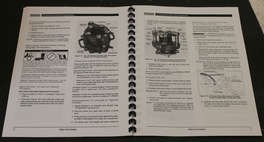 Ridgid Model 535 Pipe & Bolt Threader Machine Operator's Manual Pipe Plumbing