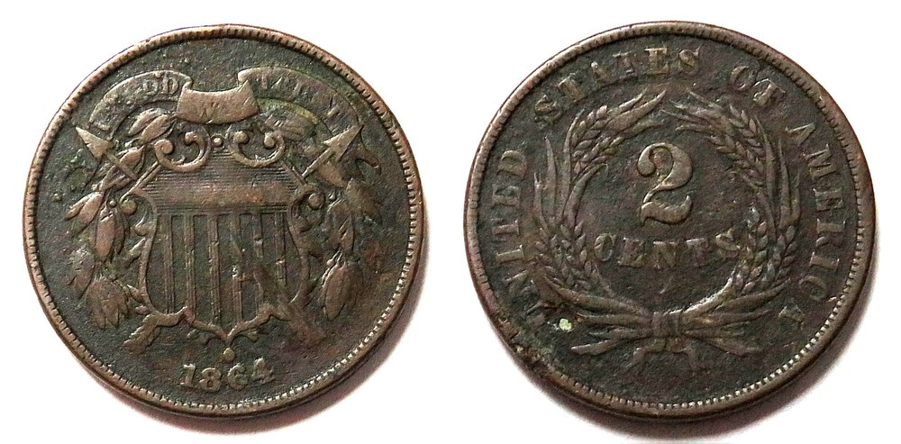 1864 ERROR INVERTED REVERSE 358° ROTATED USA 2 CENT VG COIN