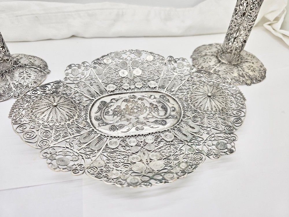ANTIQUE CHINESE EXPORT SPUN STERLING SILVER CANDY DISH & CANDLESTICKS SET