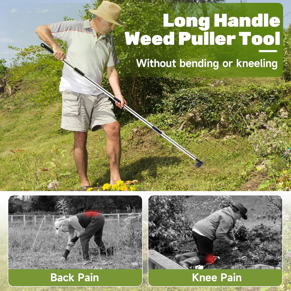 60" Weed Puller Tool with Long Handle and 17" Weeding Tools Gardening Set, Dual