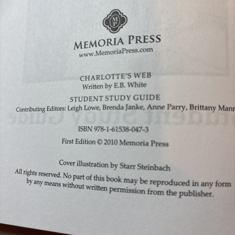 Memoria Press Charlotte’s Web Student Study Guide 2010 New