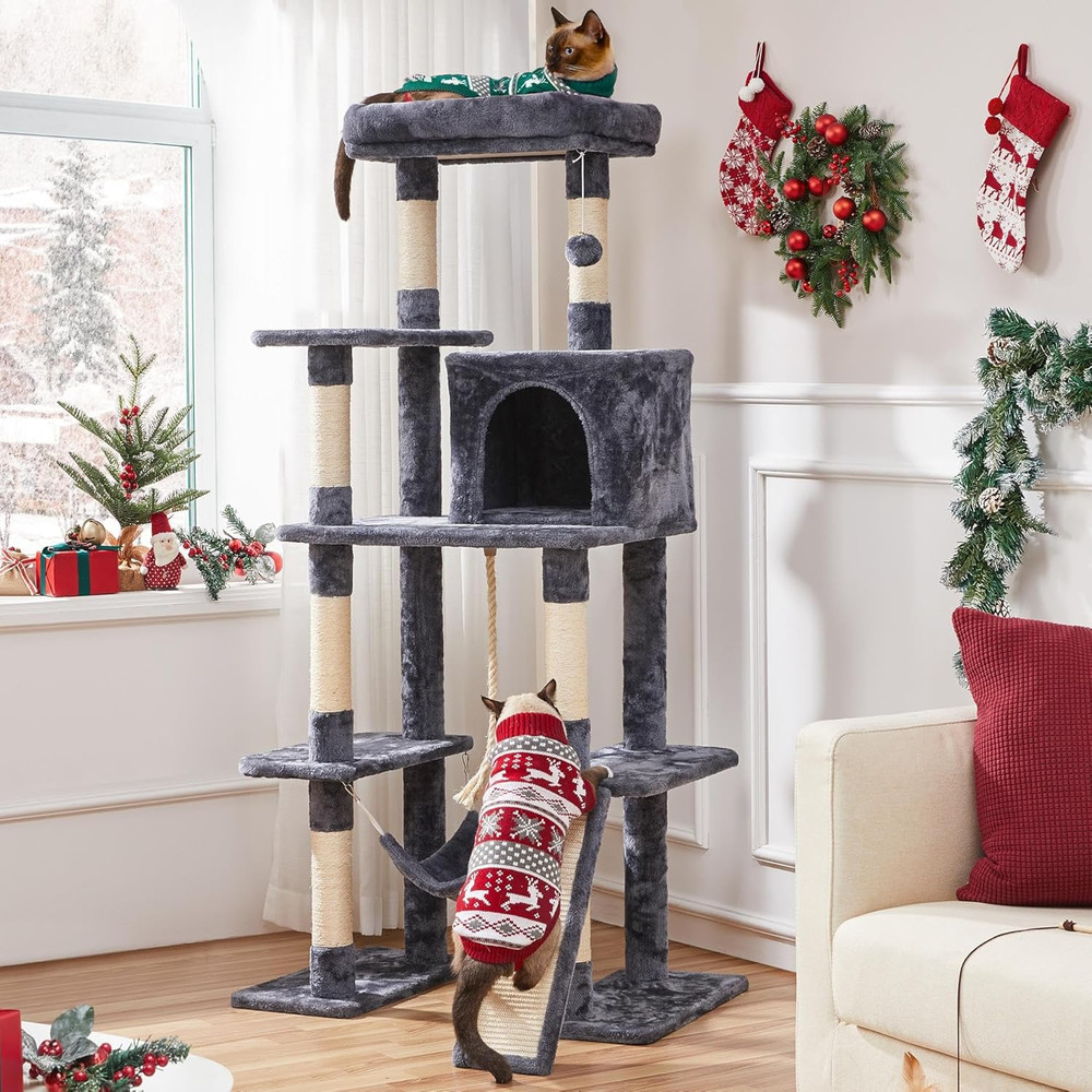 Large Multi-Level Cat Tree, 63 Inches Tall with Sisal-Covered Scratching Posts,