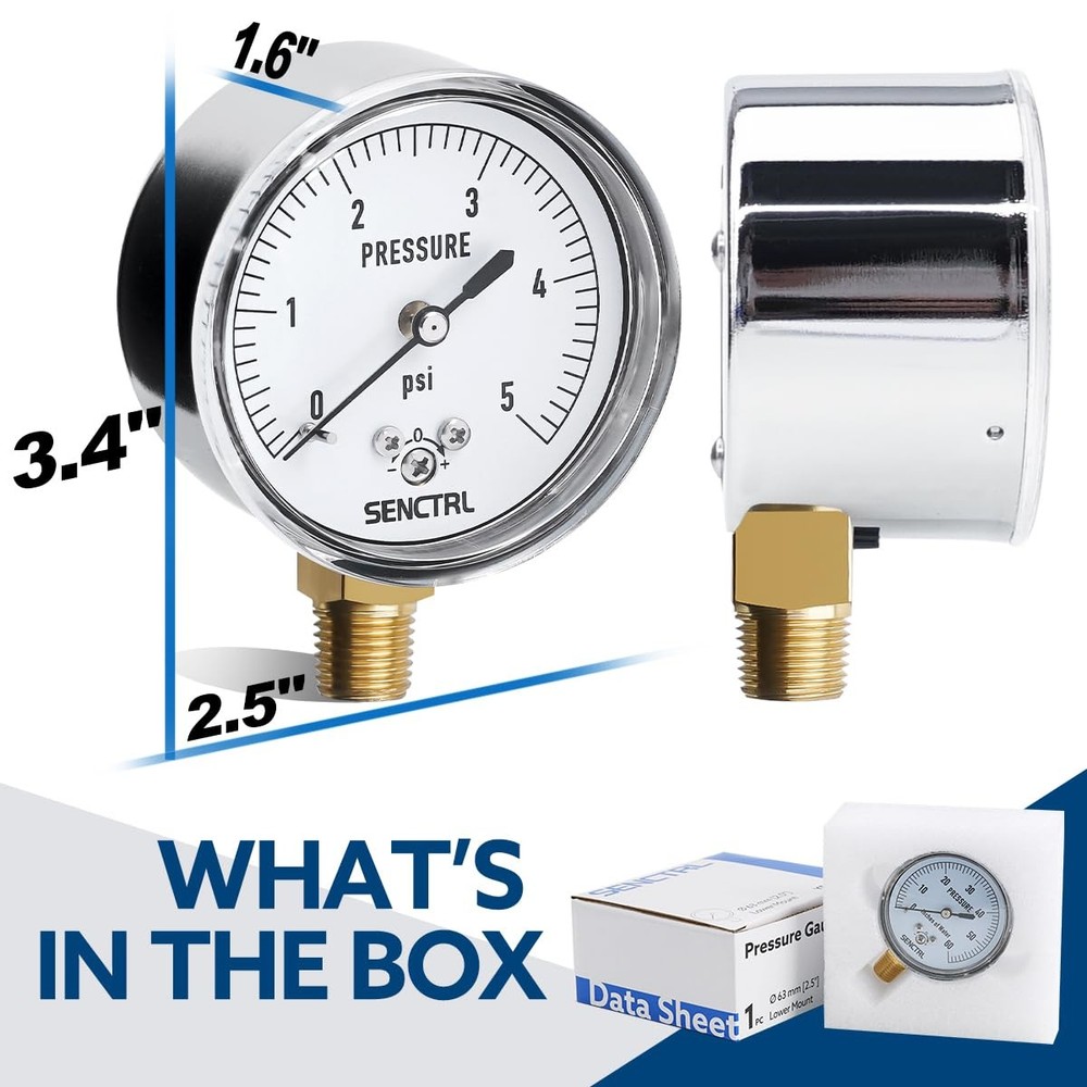 Low Pressure Gauge 0-5 Psi, 2.5" Dial, 1/4" NPT, Zero Adjustment for Testing