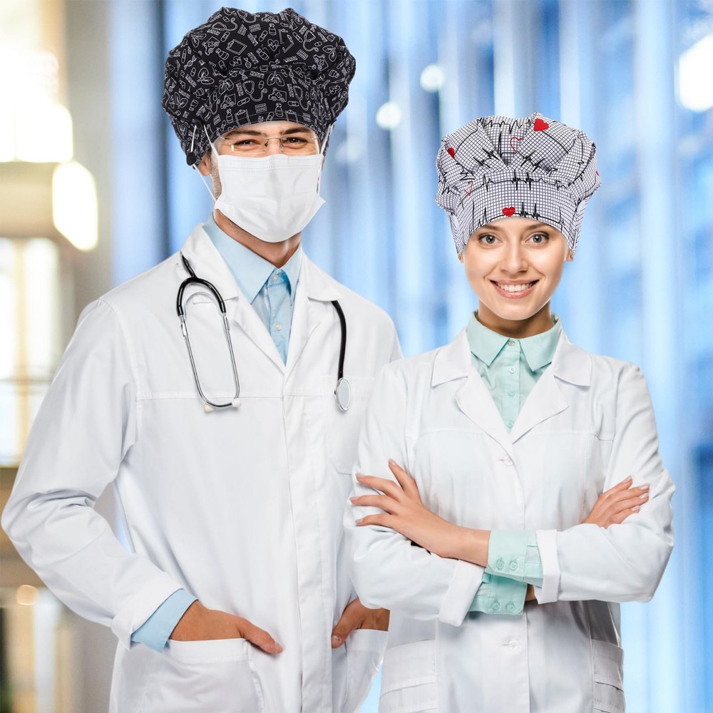 4 Pieces Bouffant Caps with Button Sweatband Adjustable Nurse Working Hat